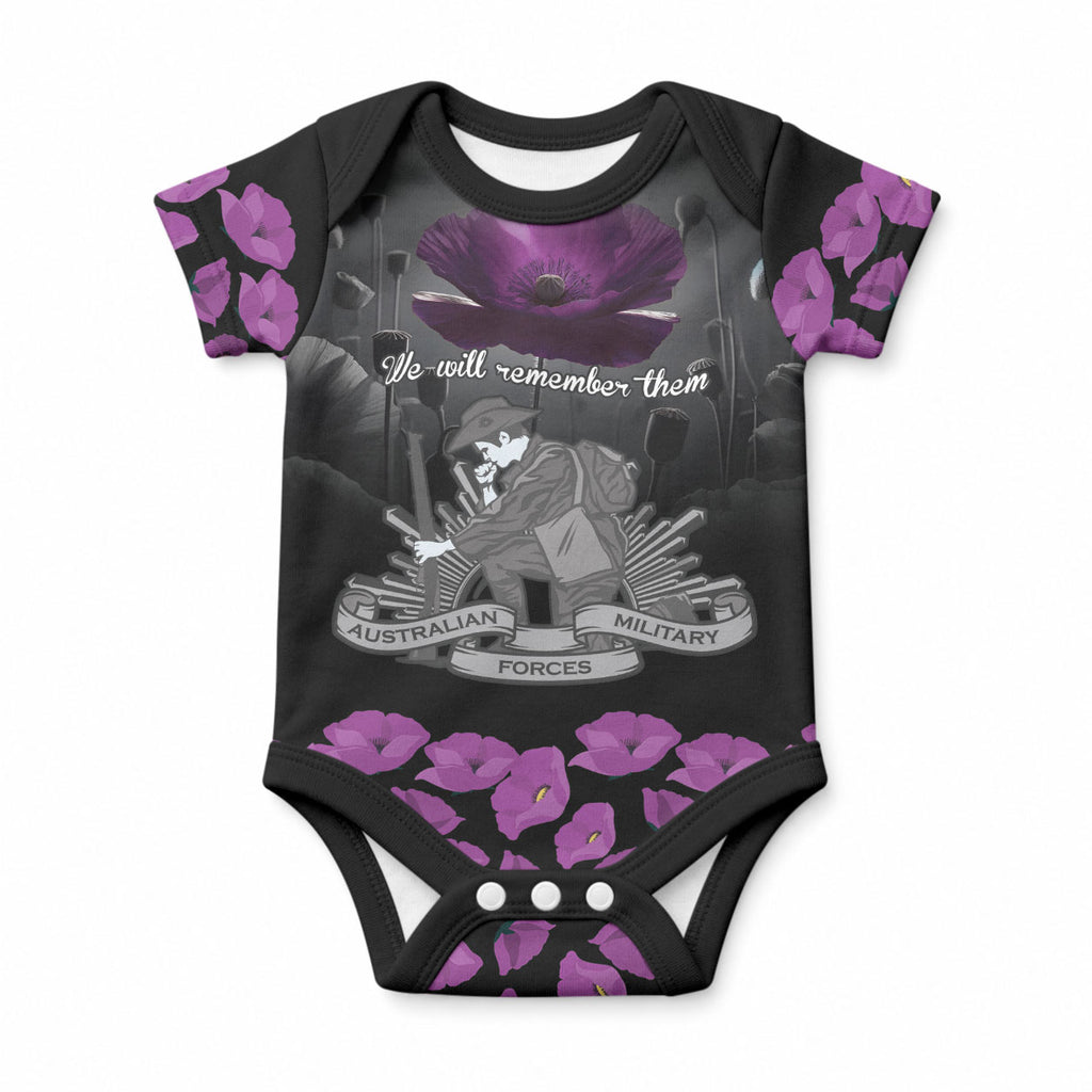 ANZAC Day Remembrance Baby Onesie Purple Poppy We Will Remember Them