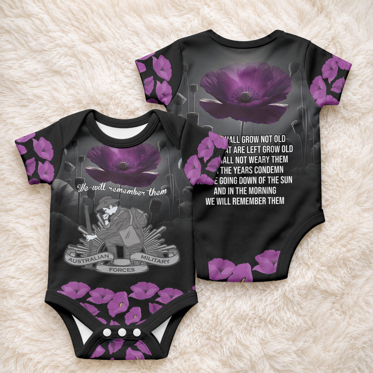 ANZAC Day Remembrance Baby Onesie Purple Poppy We Will Remember Them