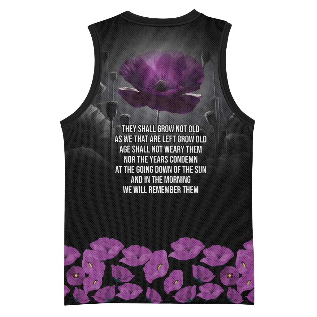 ANZAC Day Remembrance Basketball Jersey Purple Poppy We Will Remember Them
