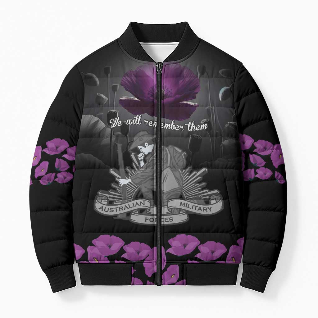 ANZAC Day Remembrance Bomber Puffer Jacket Purple Poppy We Will Remember Them