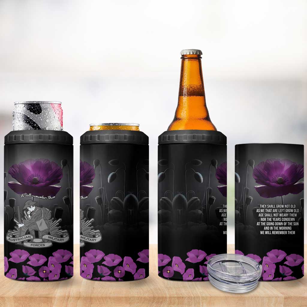 ANZAC Day Remembrance 4 in 1 Can Cooler Tumbler Purple Poppy We Will Remember Them
