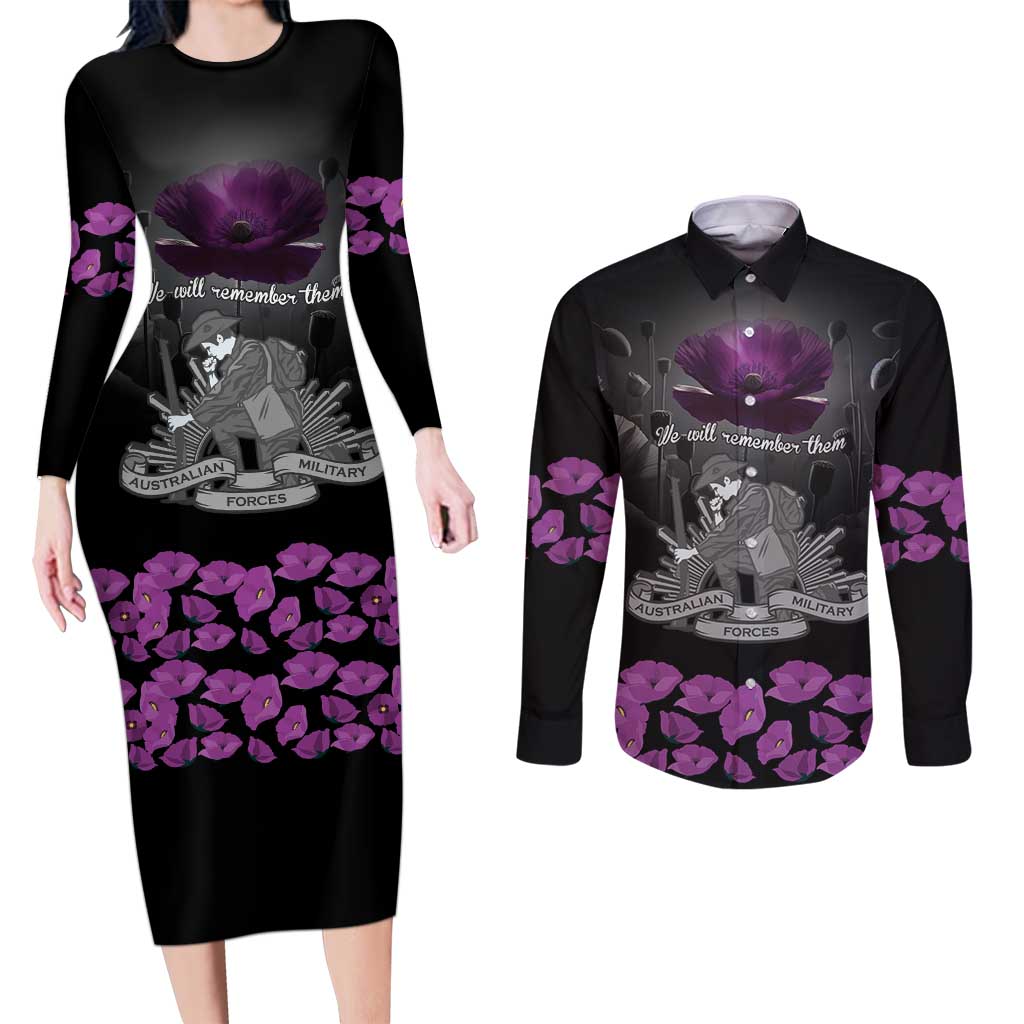 ANZAC Day Remembrance Couples Matching Long Sleeve Bodycon Dress and Long Sleeve Button Shirt Purple Poppy We Will Remember Them