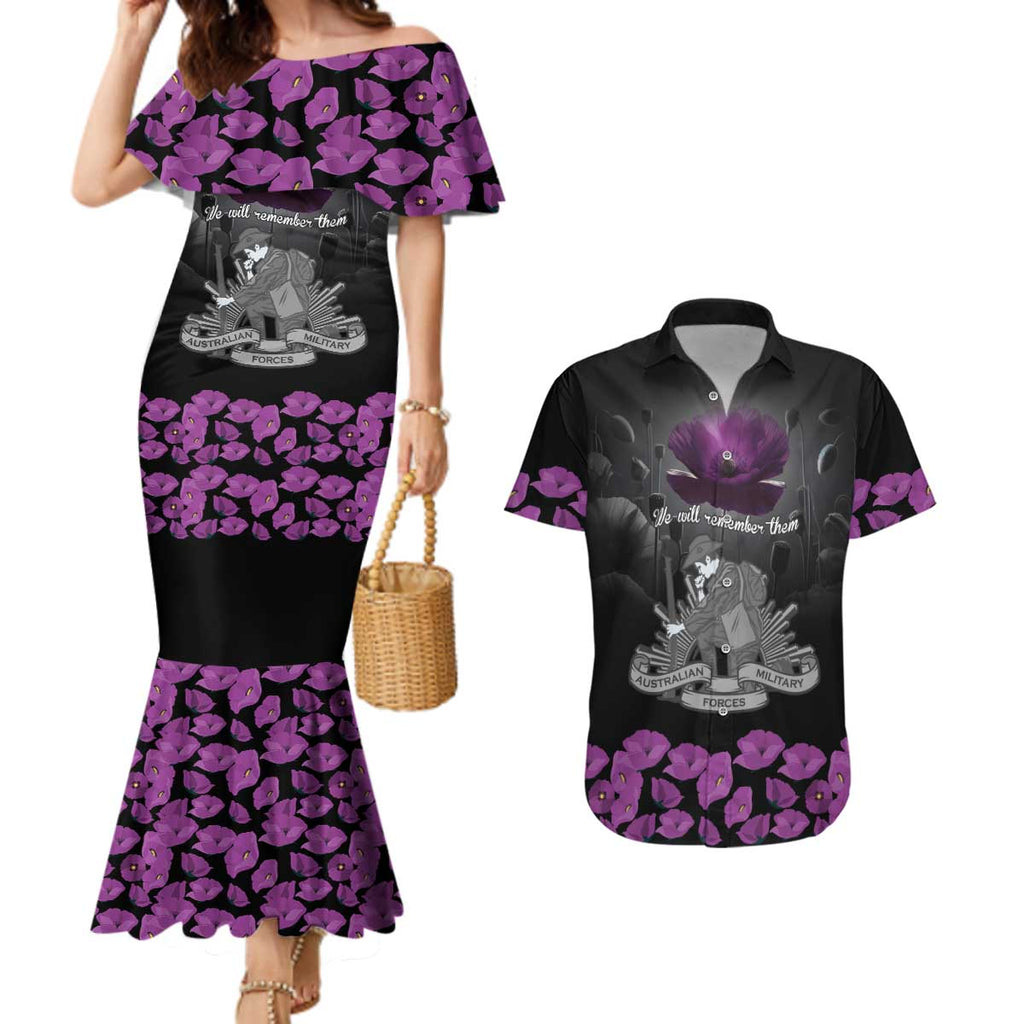 ANZAC Day Remembrance Couples Matching Mermaid Dress and Hawaiian Shirt Purple Poppy We Will Remember Them