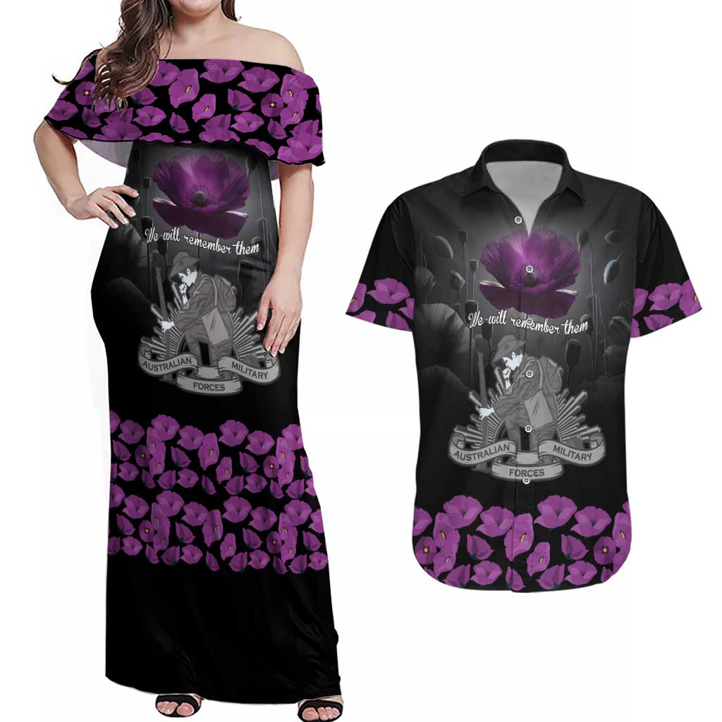 ANZAC Day Remembrance Couples Matching Off Shoulder Maxi Dress and Hawaiian Shirt Purple Poppy We Will Remember Them