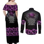 ANZAC Day Remembrance Couples Matching Off Shoulder Maxi Dress and Long Sleeve Button Shirt Purple Poppy We Will Remember Them