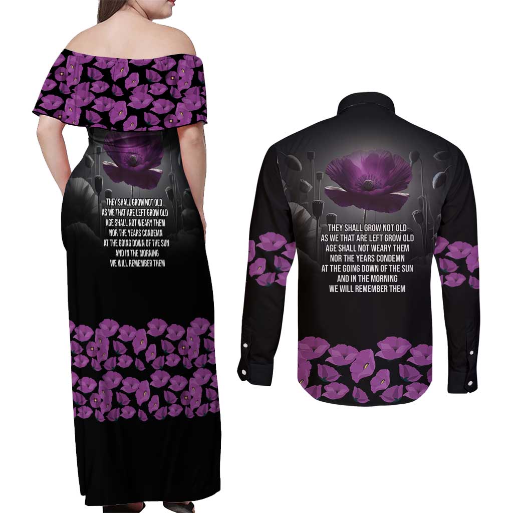 ANZAC Day Remembrance Couples Matching Off Shoulder Maxi Dress and Long Sleeve Button Shirt Purple Poppy We Will Remember Them
