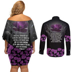 ANZAC Day Remembrance Couples Matching Off Shoulder Short Dress and Long Sleeve Button Shirt Purple Poppy We Will Remember Them