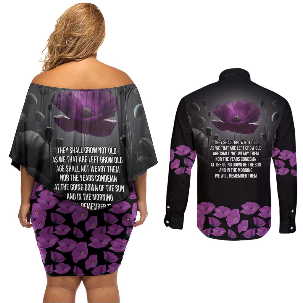 ANZAC Day Remembrance Couples Matching Off Shoulder Short Dress and Long Sleeve Button Shirt Purple Poppy We Will Remember Them