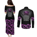ANZAC Day Remembrance Couples Matching Puletasi and Long Sleeve Button Shirt Purple Poppy We Will Remember Them