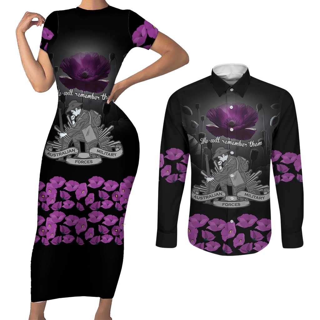 ANZAC Day Remembrance Couples Matching Short Sleeve Bodycon Dress and Long Sleeve Button Shirt Purple Poppy We Will Remember Them