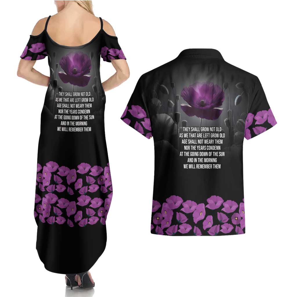 ANZAC Day Remembrance Couples Matching Summer Maxi Dress and Hawaiian Shirt Purple Poppy We Will Remember Them