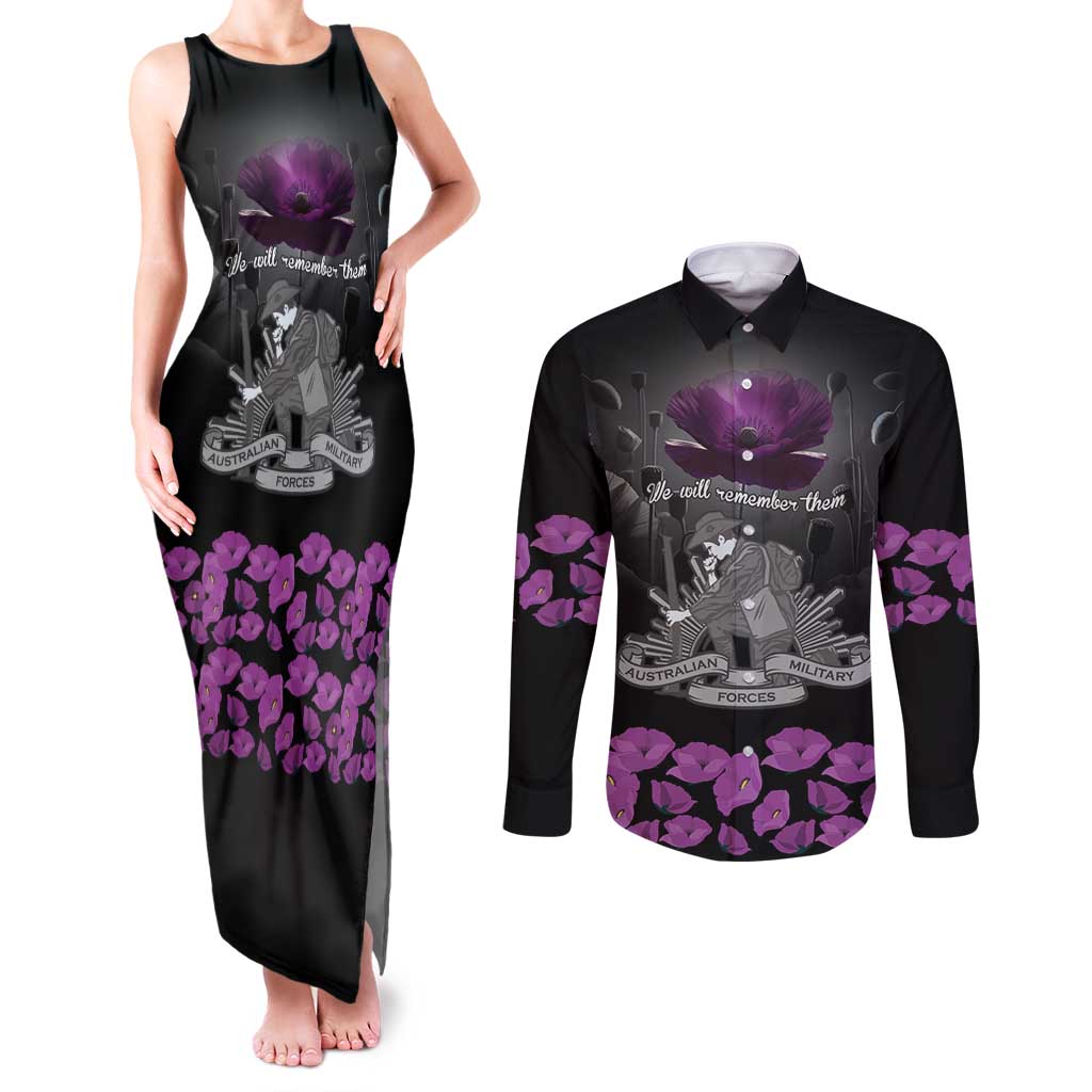 ANZAC Day Remembrance Couples Matching Tank Maxi Dress and Long Sleeve Button Shirt Purple Poppy We Will Remember Them