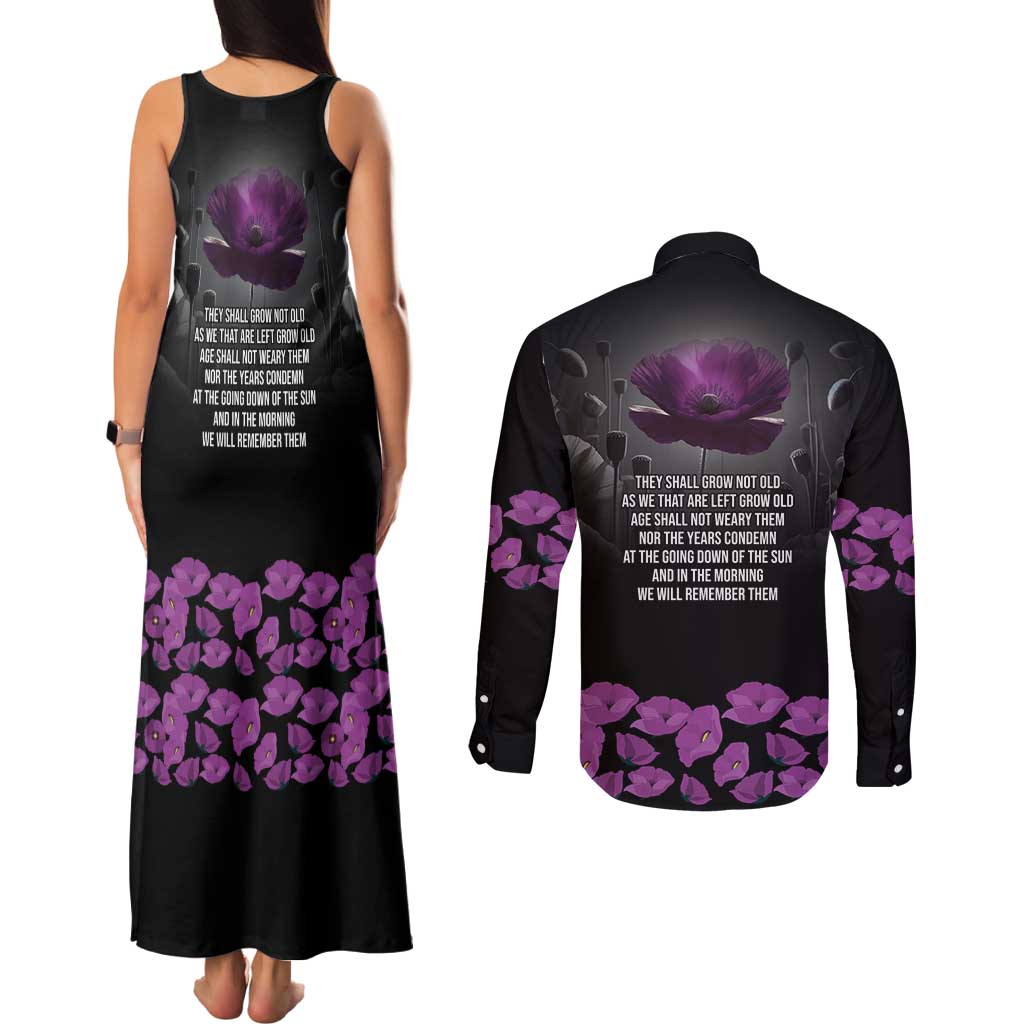 ANZAC Day Remembrance Couples Matching Tank Maxi Dress and Long Sleeve Button Shirt Purple Poppy We Will Remember Them