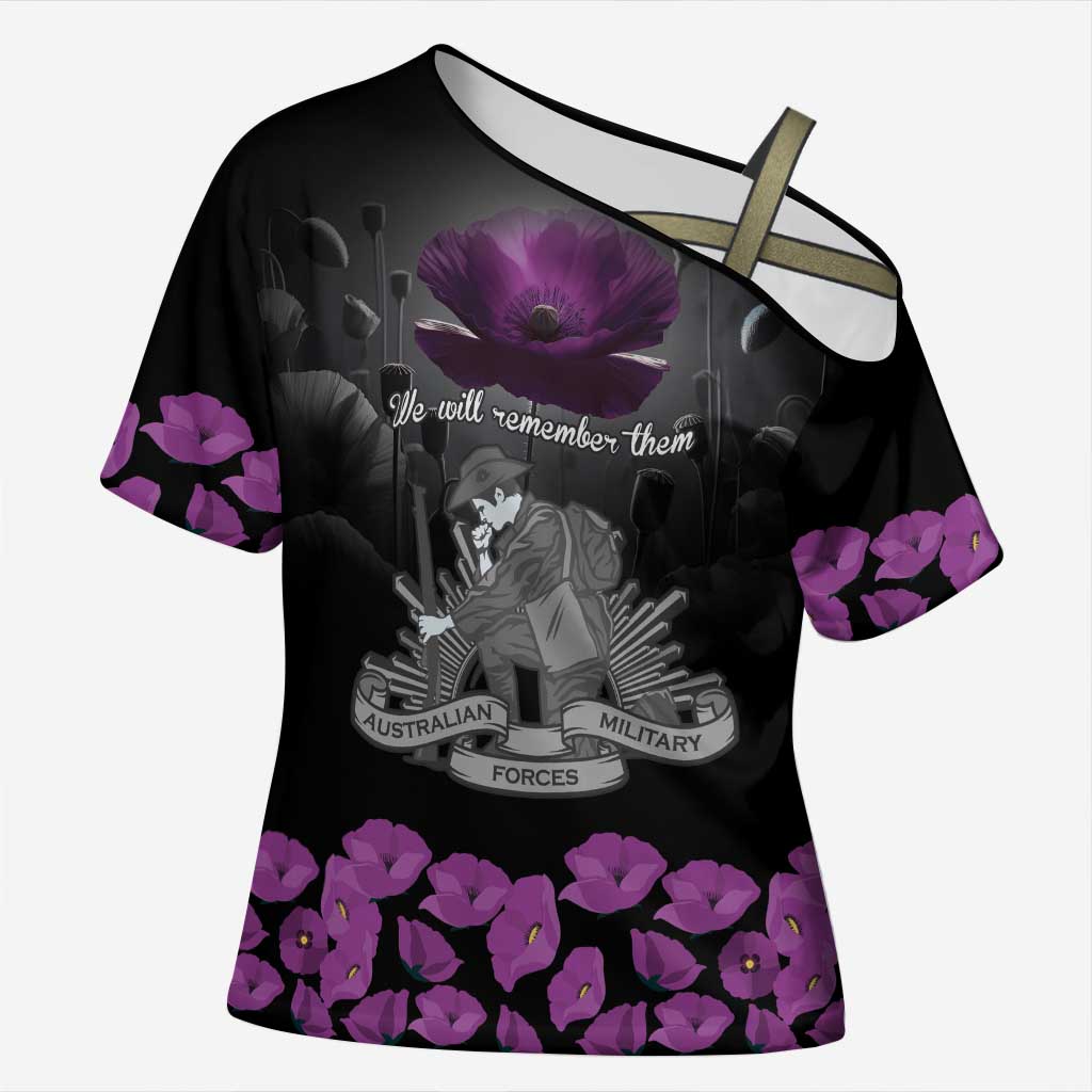 ANZAC Day Remembrance Cross Shoulder Shirt Purple Poppy We Will Remember Them
