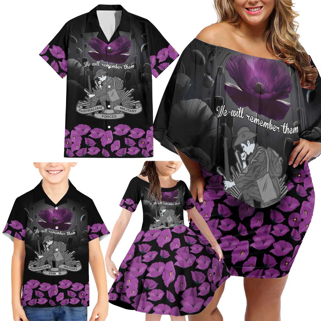 ANZAC Day Remembrance Family Matching Off Shoulder Short Dress and Hawaiian Shirt Purple Poppy We Will Remember Them