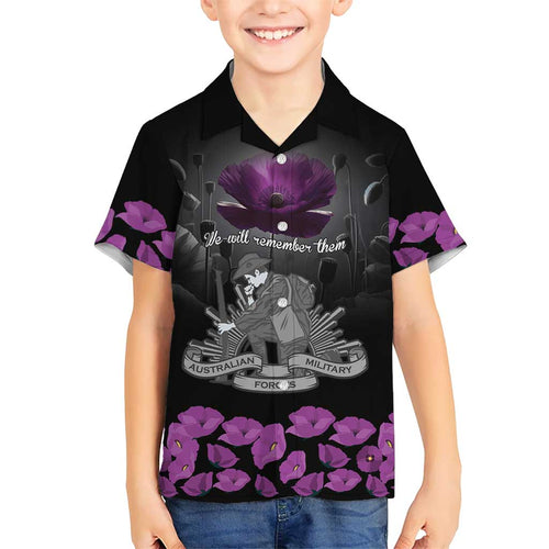 ANZAC Day Remembrance Family Matching Off Shoulder Short Dress and Hawaiian Shirt Purple Poppy We Will Remember Them