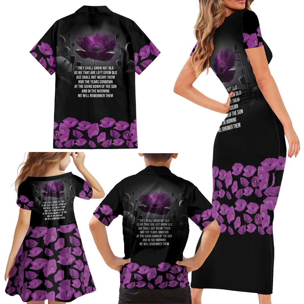 ANZAC Day Remembrance Family Matching Short Sleeve Bodycon Dress and Hawaiian Shirt Purple Poppy We Will Remember Them