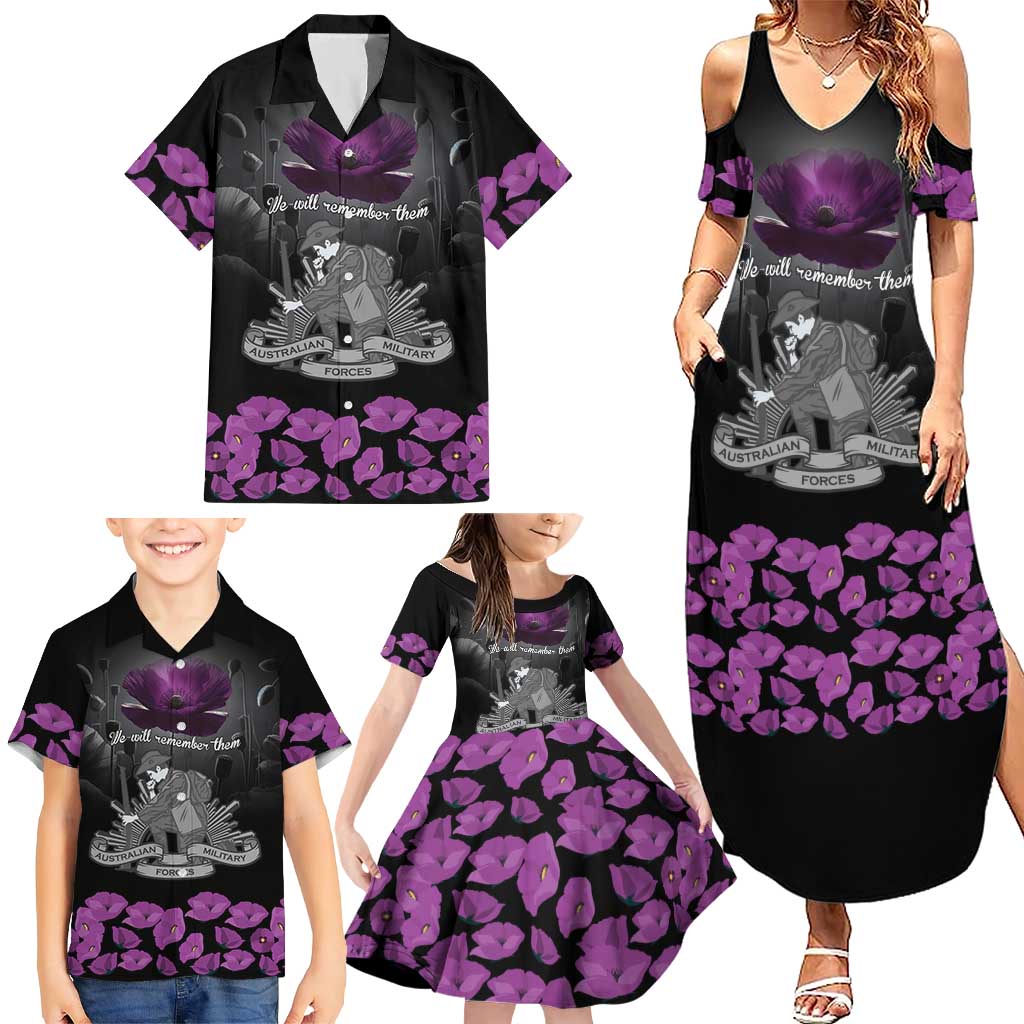 ANZAC Day Remembrance Family Matching Summer Maxi Dress and Hawaiian Shirt Purple Poppy We Will Remember Them
