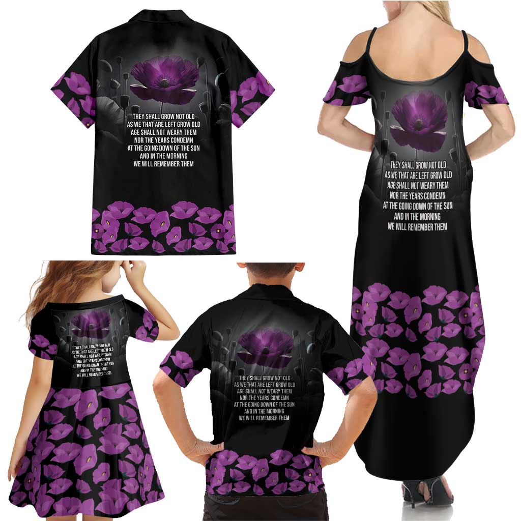 ANZAC Day Remembrance Family Matching Summer Maxi Dress and Hawaiian Shirt Purple Poppy We Will Remember Them