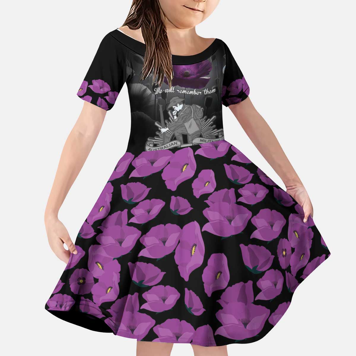 ANZAC Day Remembrance Kid Short Sleeve Dress Purple Poppy We Will Remember Them