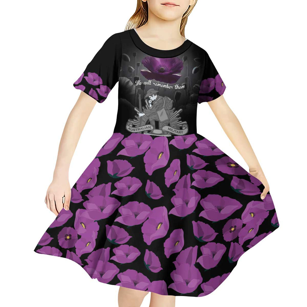 ANZAC Day Remembrance Kid Short Sleeve Dress Purple Poppy We Will Remember Them