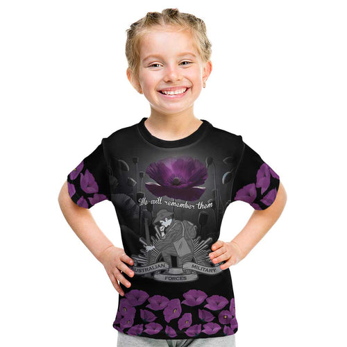 ANZAC Day Remembrance Kid T Shirt Purple Poppy We Will Remember Them