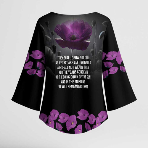 ANZAC Day Remembrance Kimono Sleeve Blouse Purple Poppy We Will Remember Them