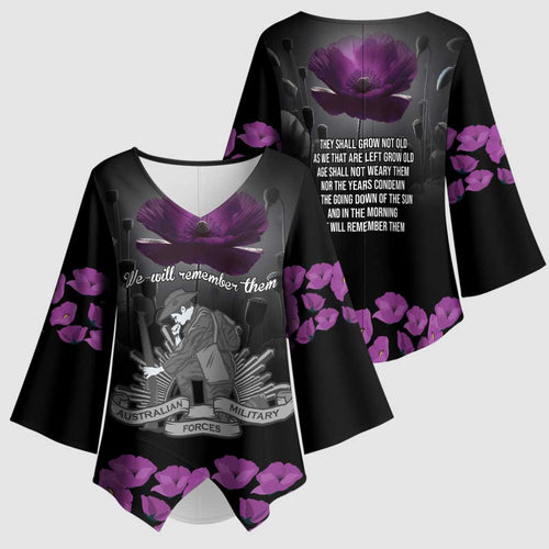 ANZAC Day Remembrance Kimono Sleeve Blouse Purple Poppy We Will Remember Them