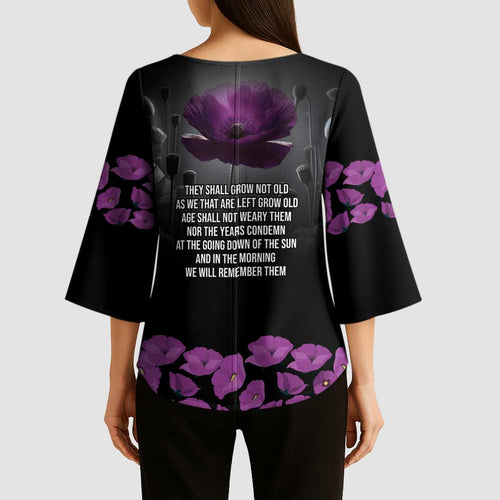 ANZAC Day Remembrance Kimono Sleeve Blouse Purple Poppy We Will Remember Them