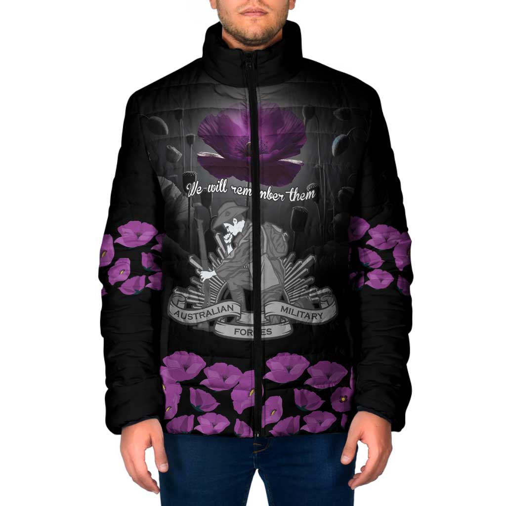 ANZAC Day Remembrance Padded Jacket Purple Poppy We Will Remember Them
