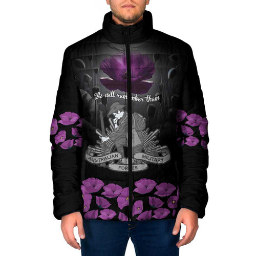 ANZAC Day Remembrance Padded Jacket Purple Poppy We Will Remember Them