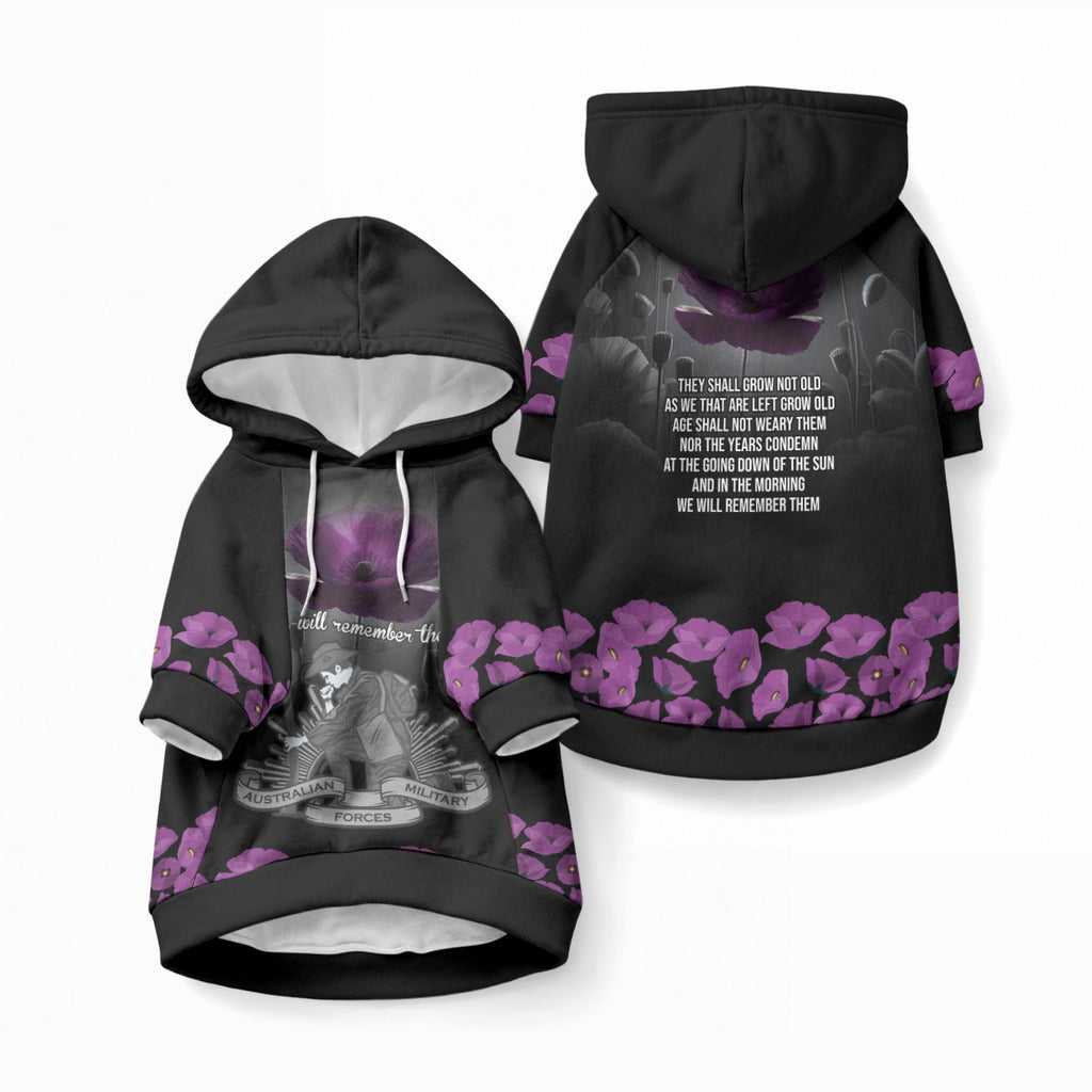 ANZAC Day Remembrance Pet Hoodie Purple Poppy We Will Remember Them