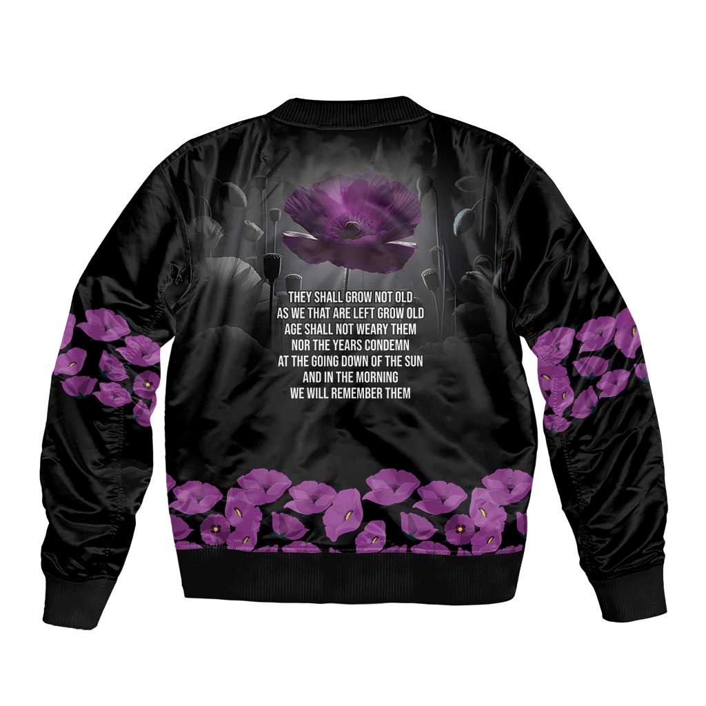 ANZAC Day Remembrance Sleeve Zip Bomber Jacket Purple Poppy We Will Remember Them