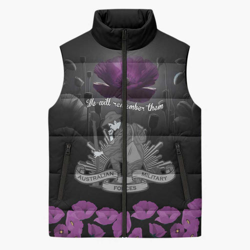 ANZAC Day Remembrance Sleeveless Puffer Jacket Purple Poppy We Will Remember Them