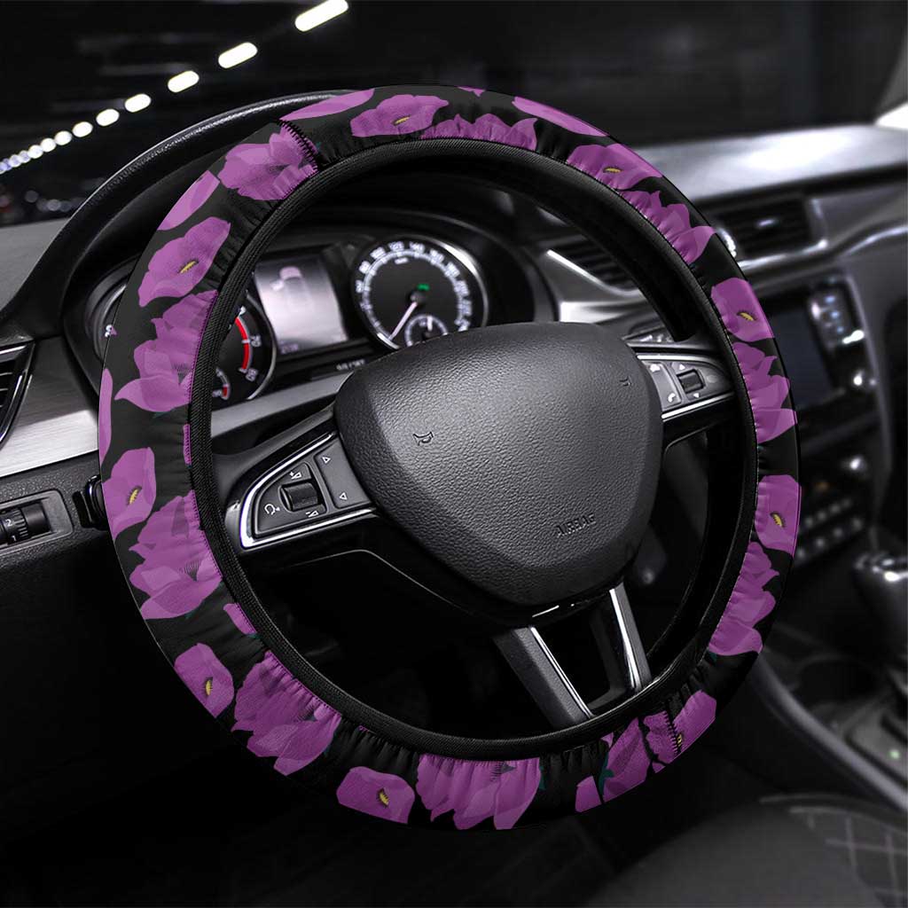 ANZAC Day Remembrance Steering Wheel Cover Purple Poppy We Will Remember Them