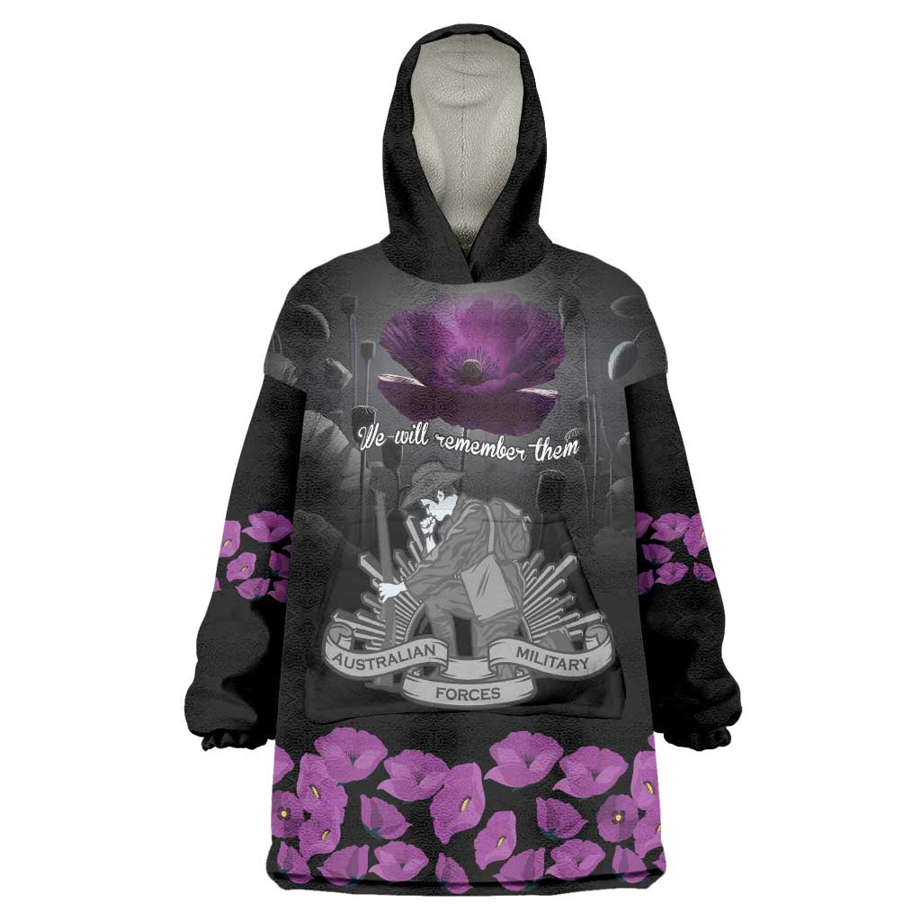 ANZAC Day Remembrance Wearable Blanket Hoodie Purple Poppy We Will Remember Them