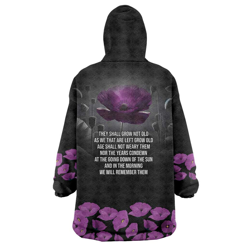 ANZAC Day Remembrance Wearable Blanket Hoodie Purple Poppy We Will Remember Them