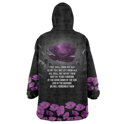 ANZAC Day Remembrance Wearable Blanket Hoodie Purple Poppy We Will Remember Them