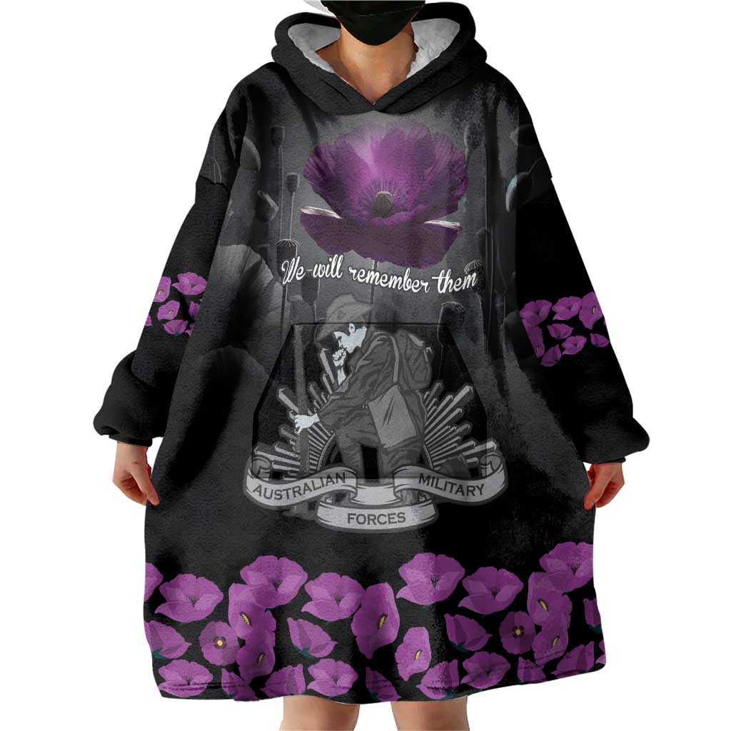 ANZAC Day Remembrance Wearable Blanket Hoodie Purple Poppy We Will Remember Them