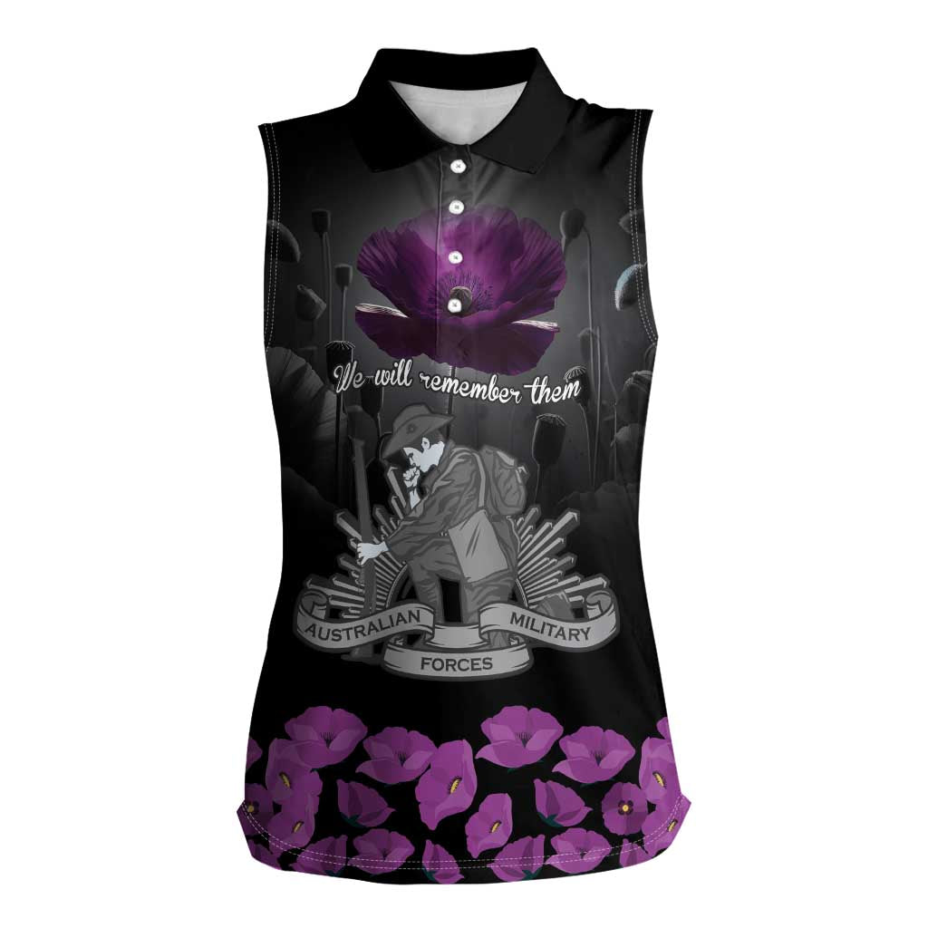 ANZAC Day Remembrance Women Sleeveless Polo Shirt Purple Poppy We Will Remember Them