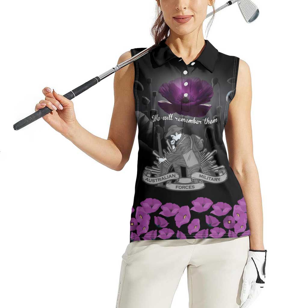 ANZAC Day Remembrance Women Sleeveless Polo Shirt Purple Poppy We Will Remember Them