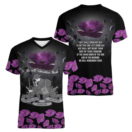 ANZAC Day Remembrance Women V-Neck T-Shirt Purple Poppy We Will Remember Them