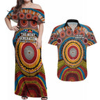 A Bright Future NAIDOC 2025 Couples Matching Off Shoulder Maxi Dress and Hawaiian Shirt Aboriginal Indigenous Art