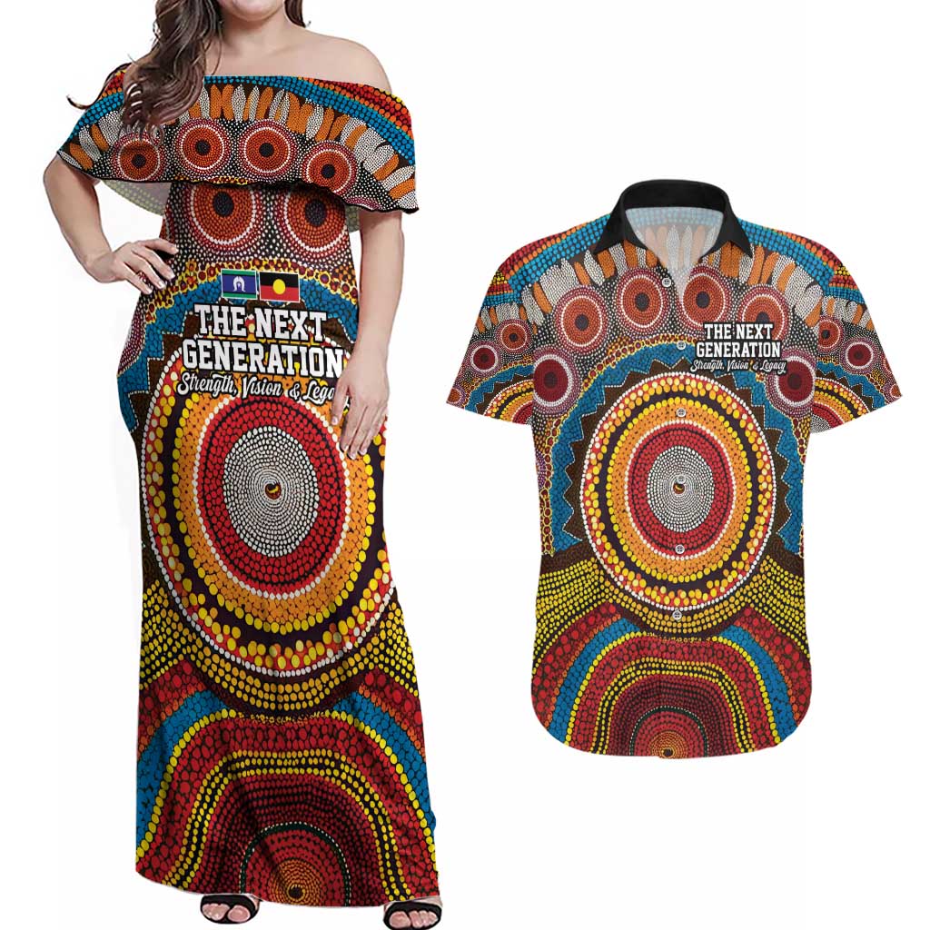 A Bright Future NAIDOC 2025 Couples Matching Off Shoulder Maxi Dress and Hawaiian Shirt Aboriginal Indigenous Art
