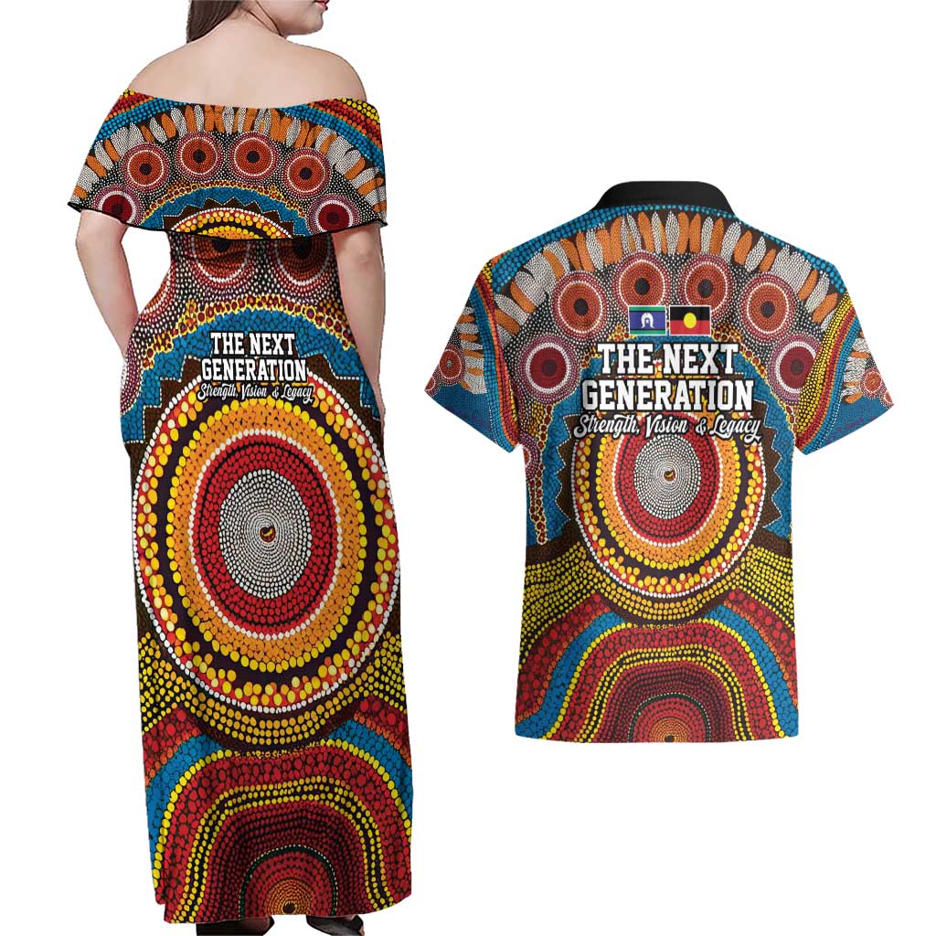 A Bright Future NAIDOC 2025 Couples Matching Off Shoulder Maxi Dress and Hawaiian Shirt Aboriginal Indigenous Art