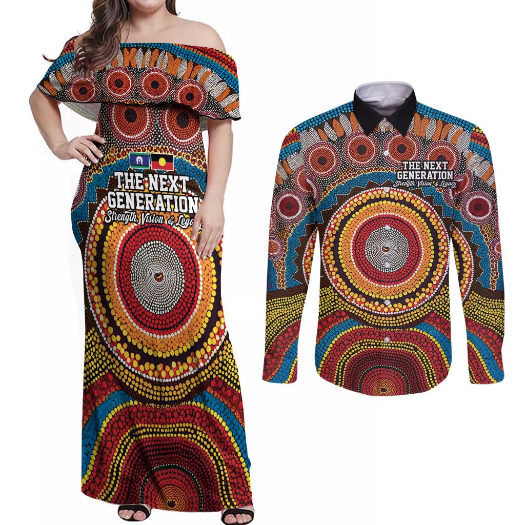 A Bright Future NAIDOC 2025 Couples Matching Off Shoulder Maxi Dress and Long Sleeve Button Shirt Aboriginal Indigenous Art