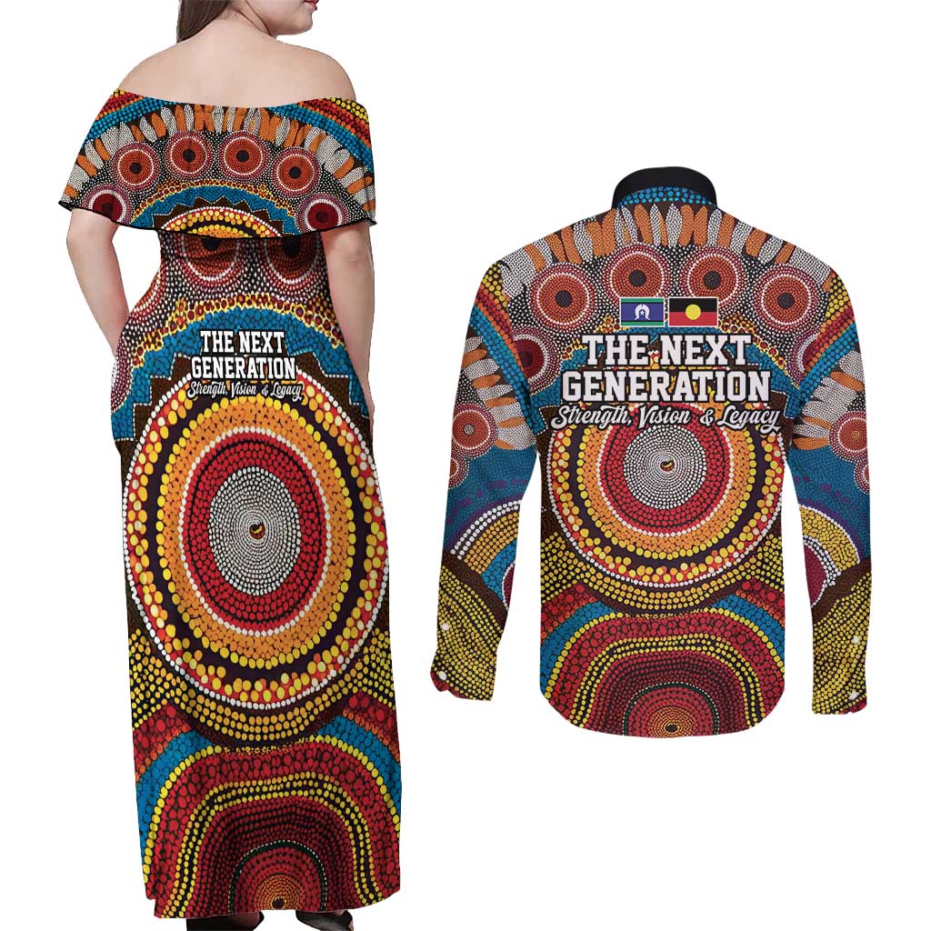 A Bright Future NAIDOC 2025 Couples Matching Off Shoulder Maxi Dress and Long Sleeve Button Shirt Aboriginal Indigenous Art