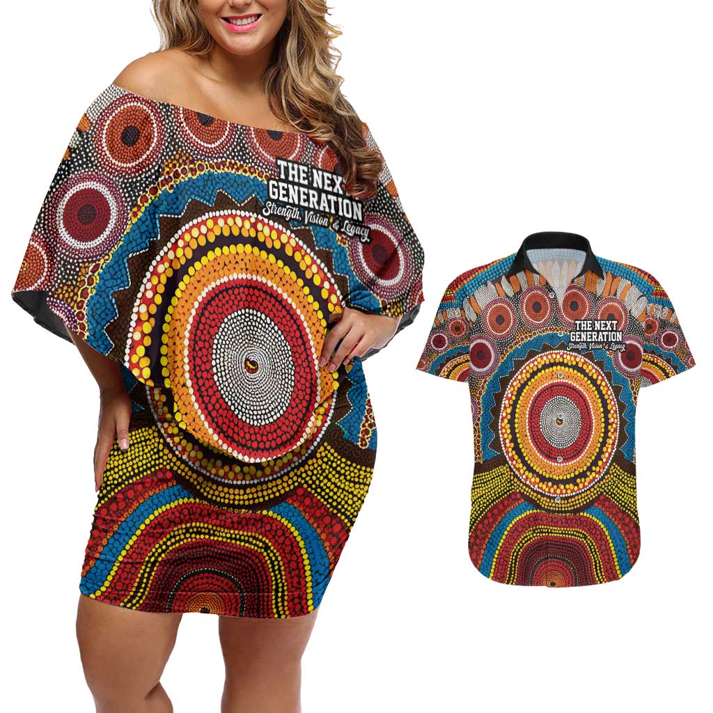 A Bright Future NAIDOC 2025 Couples Matching Off Shoulder Short Dress and Hawaiian Shirt Aboriginal Indigenous Art