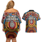 A Bright Future NAIDOC 2025 Couples Matching Off Shoulder Short Dress and Hawaiian Shirt Aboriginal Indigenous Art