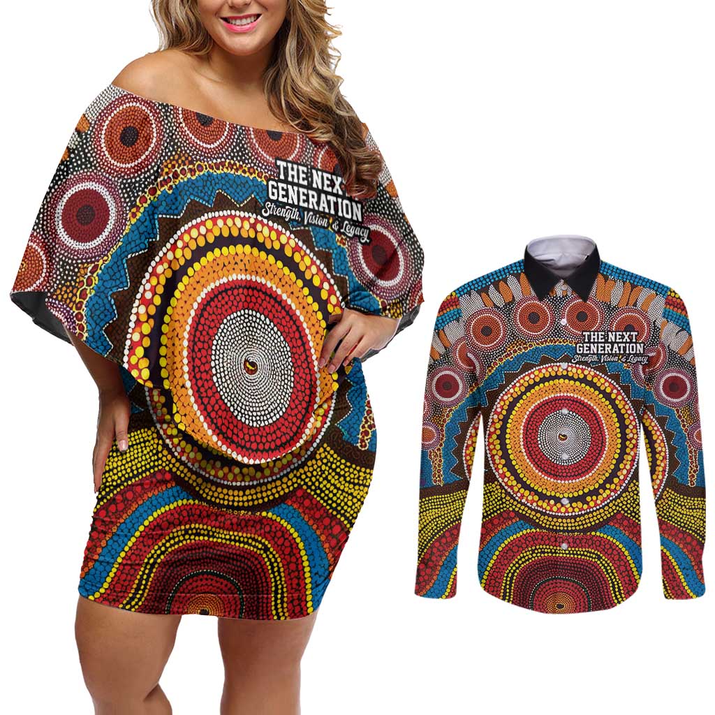 A Bright Future NAIDOC 2025 Couples Matching Off Shoulder Short Dress and Long Sleeve Button Shirt Aboriginal Indigenous Art